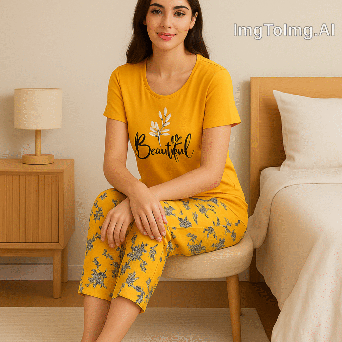 Beautiful Floral Nightwear Set in Mustard | Cotton Comfort Pajama Suit - Image 3