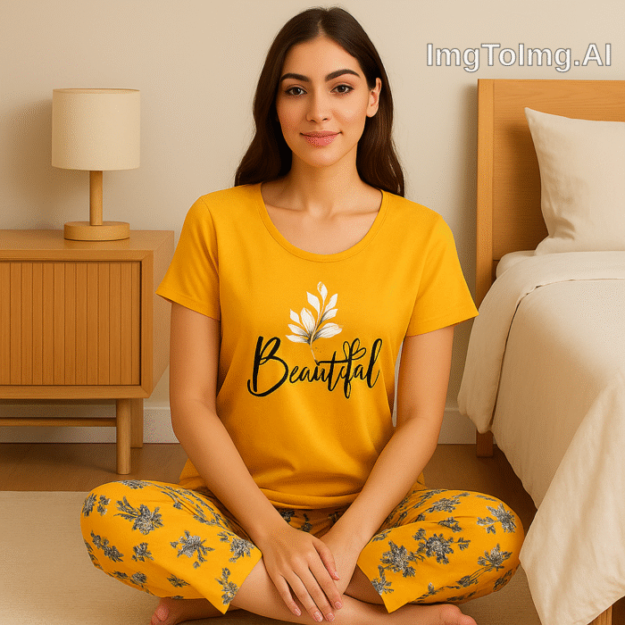 Beautiful Floral Nightwear Set in Mustard | Cotton Comfort Pajama Suit - Image 2