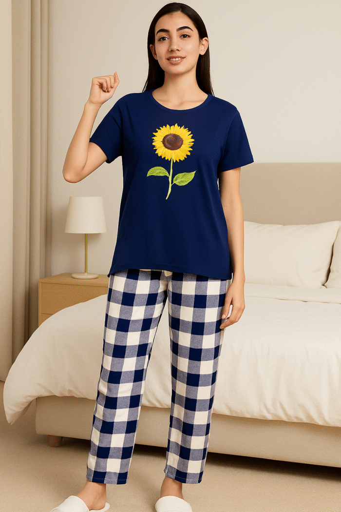 Sunflower Print Navy Nightwear Set | Soft Cotton Loungewear