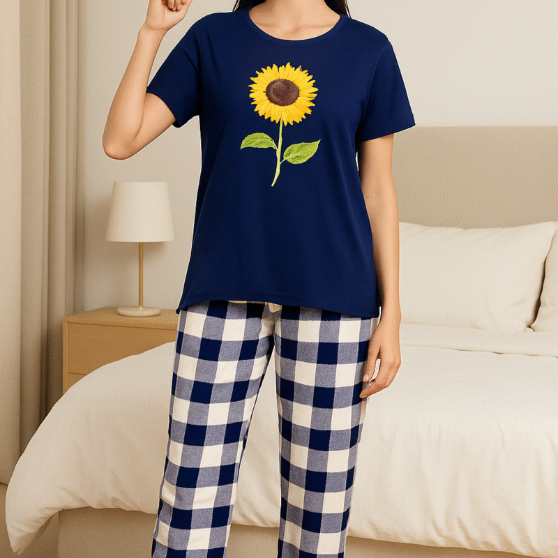 Sunflower Print Navy Nightwear Set | Soft Cotton Loungewear