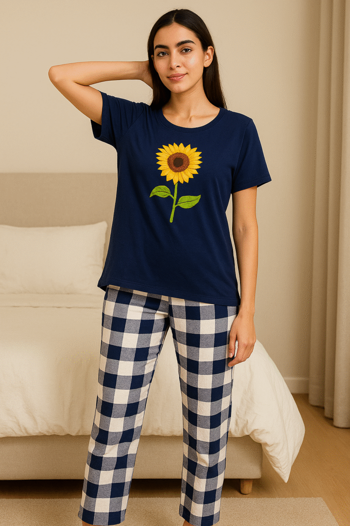 Sunflower Print Navy Nightwear Set | Soft Cotton Loungewear - Image 4