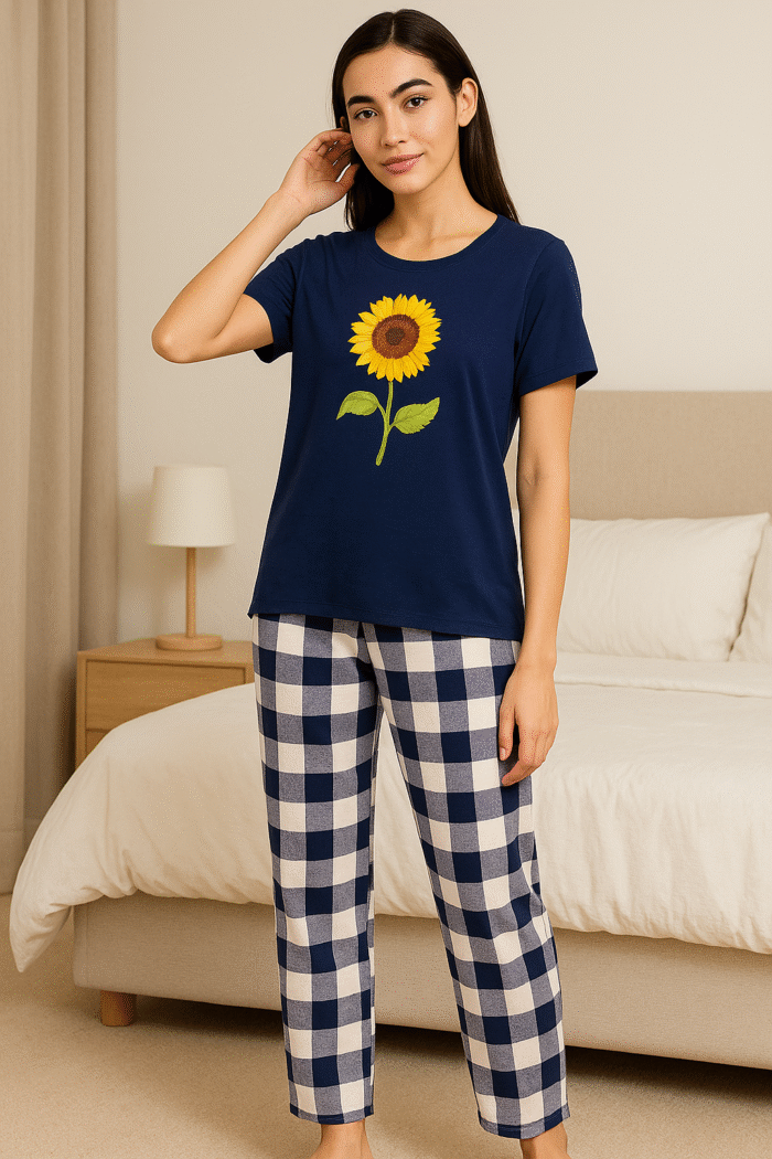 Sunflower Print Navy Nightwear Set | Soft Cotton Loungewear - Image 2