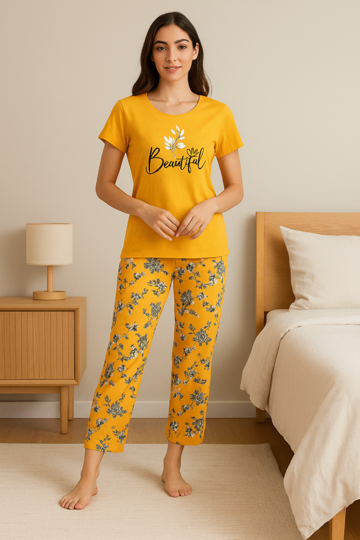 Beautiful Floral Nightwear Set in Mustard | Cotton Comfort Pajama Suit