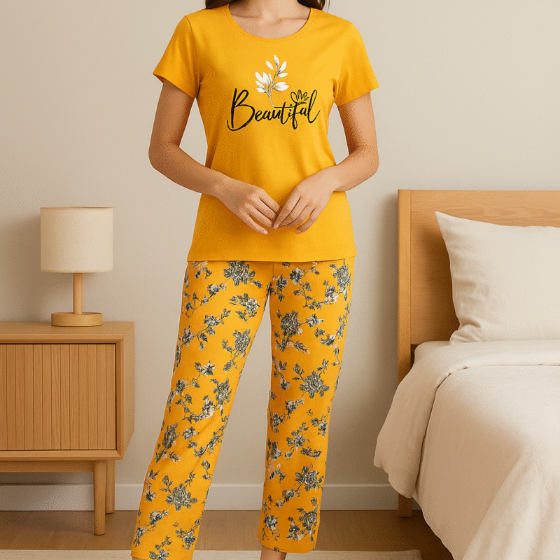 Beautiful Floral Nightwear Set in Mustard | Cotton Comfort Pajama Suit